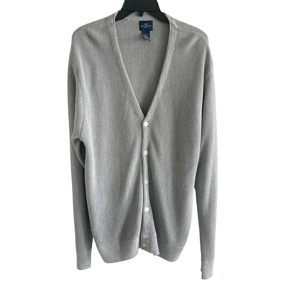 Dockers Golf Mens‎ XL Gray V-Neck Button Front Knit Cardigan Sweater Long Sleeve